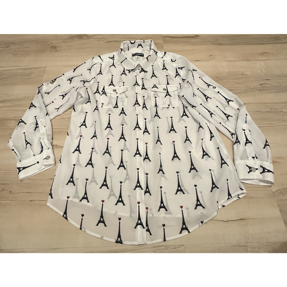 Karl Lagerfeld Paris Women Large Blouse Button Eiffel Tower White - Picture 2 of 11